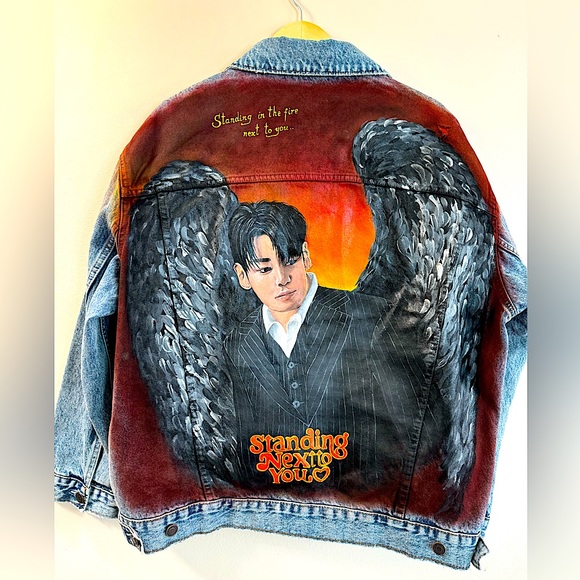 Hand painted New Denim Jacket ZARA size M Custom Jungkook BTS - Picture 1 of 9